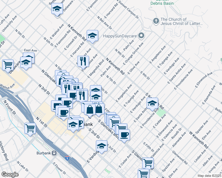 map of restaurants, bars, coffee shops, grocery stores, and more near 619 East Olive Avenue in Burbank