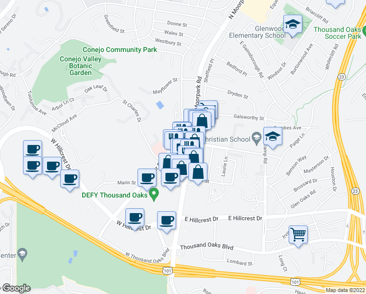 map of restaurants, bars, coffee shops, grocery stores, and more near 595 North Moorpark Road in Thousand Oaks