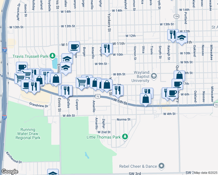 map of restaurants, bars, coffee shops, grocery stores, and more near 611 Yonkers Street in Plainview
