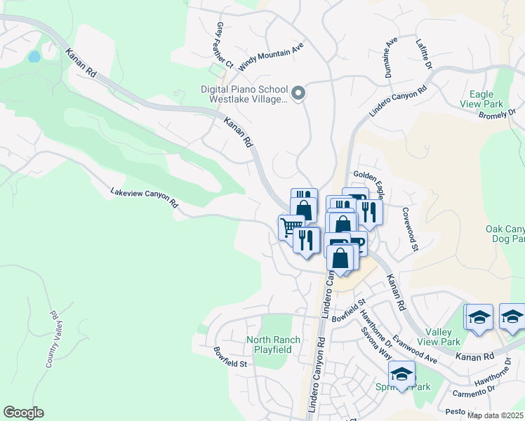 map of restaurants, bars, coffee shops, grocery stores, and more near 1246 Canyon Rim Circle in Westlake Village