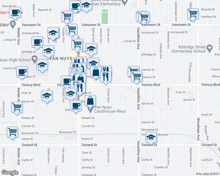 map of restaurants, bars, coffee shops, grocery stores, and more near 14256 Victory Boulevard in Los Angeles
