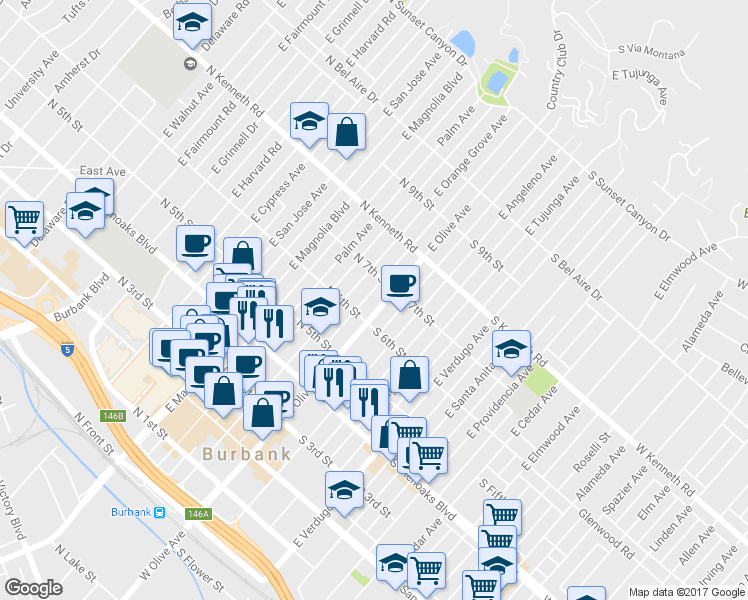 map of restaurants, bars, coffee shops, grocery stores, and more near 621 East Olive Avenue in Burbank