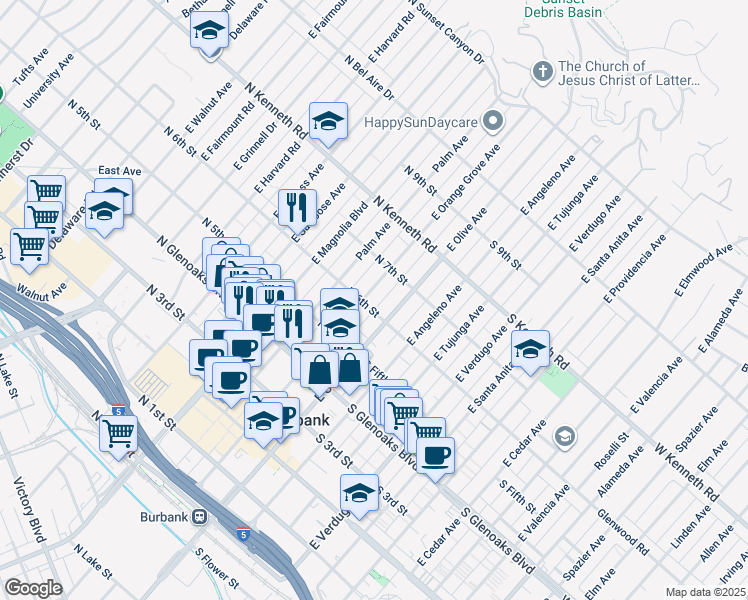 map of restaurants, bars, coffee shops, grocery stores, and more near in Burbank