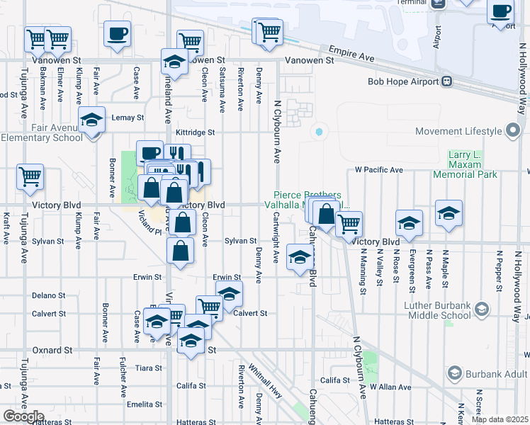 map of restaurants, bars, coffee shops, grocery stores, and more near 6353 Denny Avenue in Los Angeles