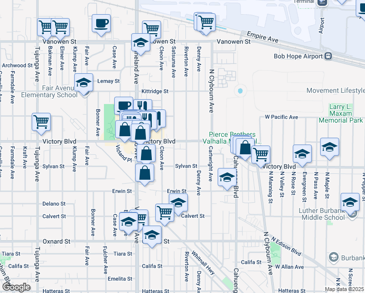map of restaurants, bars, coffee shops, grocery stores, and more near 10808 Victory Boulevard in Los Angeles