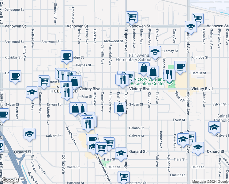 map of restaurants, bars, coffee shops, grocery stores, and more near 11422 Victory Boulevard in Los Angeles