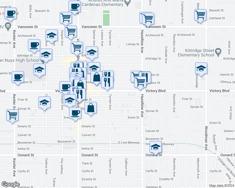 map of restaurants, bars, coffee shops, grocery stores, and more near 14230 Victory Boulevard in Los Angeles