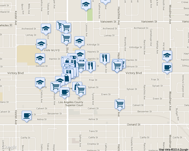 map of restaurants, bars, coffee shops, grocery stores, and more near in Los Angeles