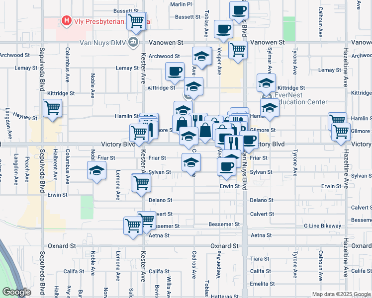 map of restaurants, bars, coffee shops, grocery stores, and more near 14706 Victory Boulevard in Los Angeles
