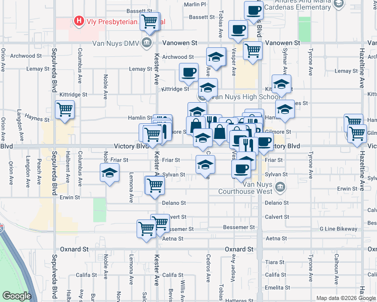 map of restaurants, bars, coffee shops, grocery stores, and more near 14752 Victory Boulevard in Los Angeles