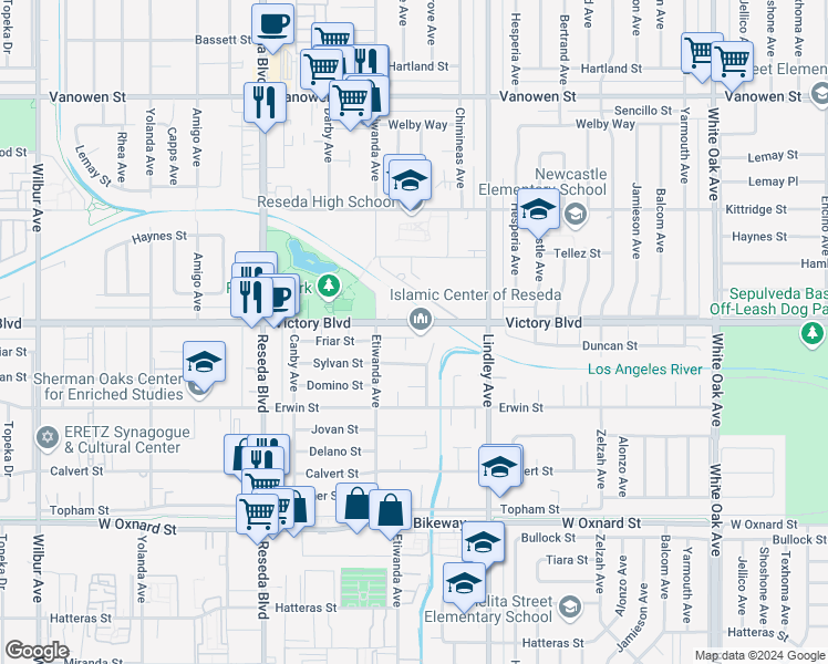 map of restaurants, bars, coffee shops, grocery stores, and more near 18219 Friar Street in Los Angeles