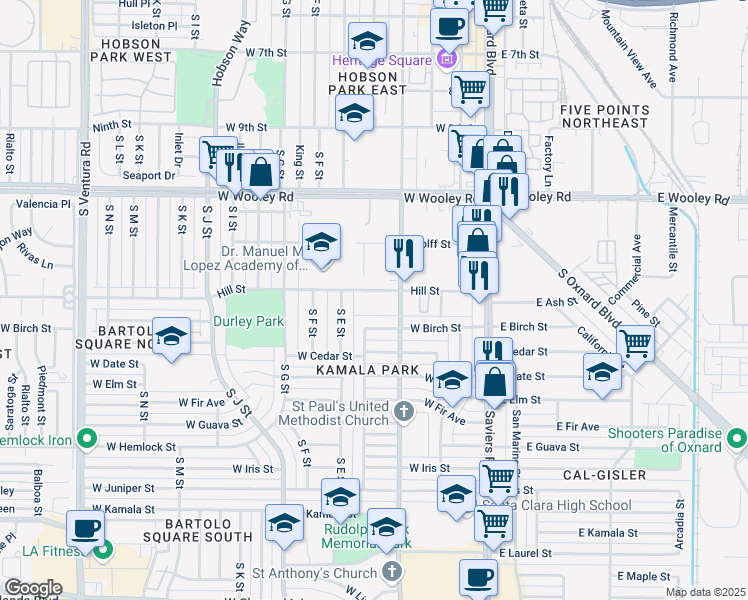 map of restaurants, bars, coffee shops, grocery stores, and more near 450 Hill Street in Oxnard