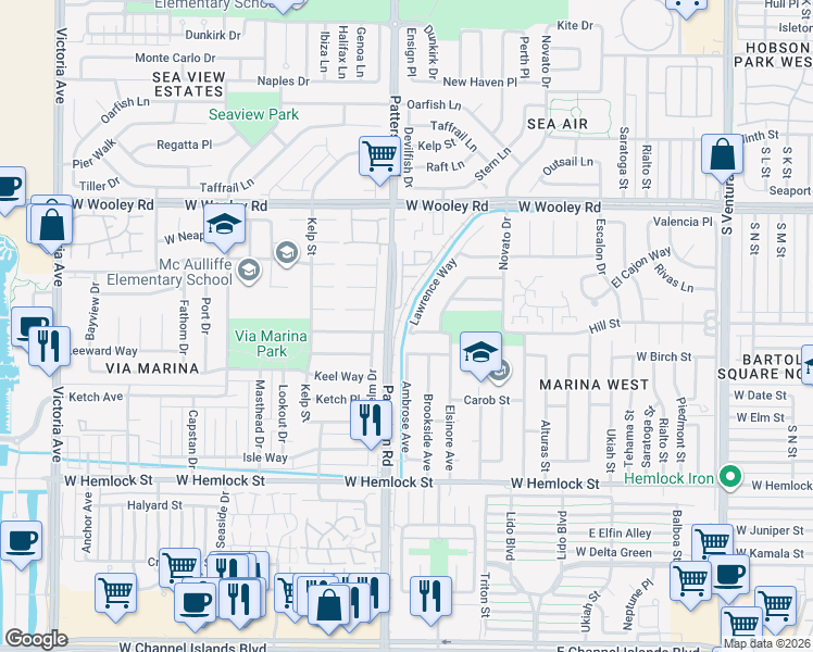 map of restaurants, bars, coffee shops, grocery stores, and more near 1331 Lawrence Way in Oxnard