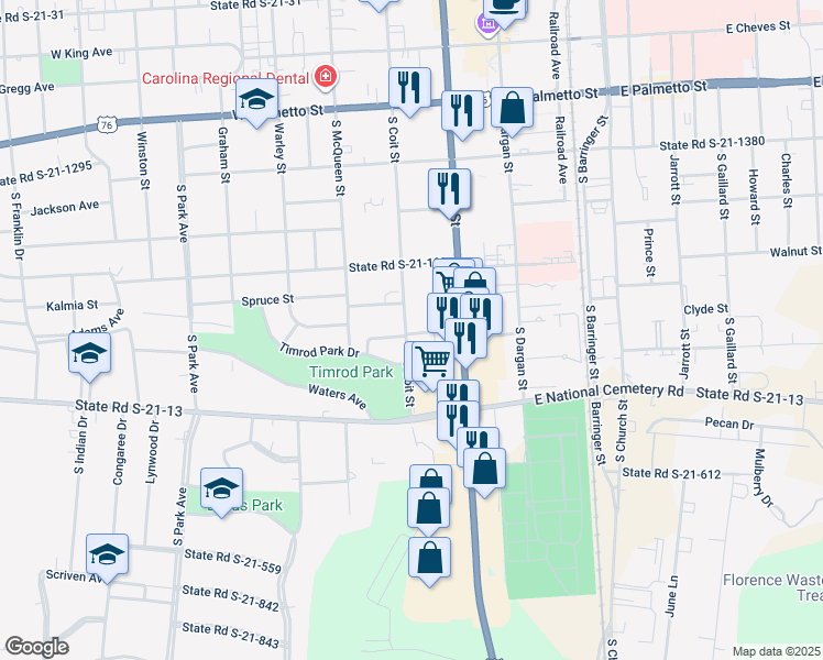 map of restaurants, bars, coffee shops, grocery stores, and more near 657 South Coit Street in Florence