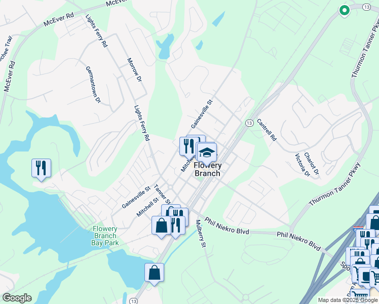 map of restaurants, bars, coffee shops, grocery stores, and more near 5631 West Pine Street in Flowery Branch