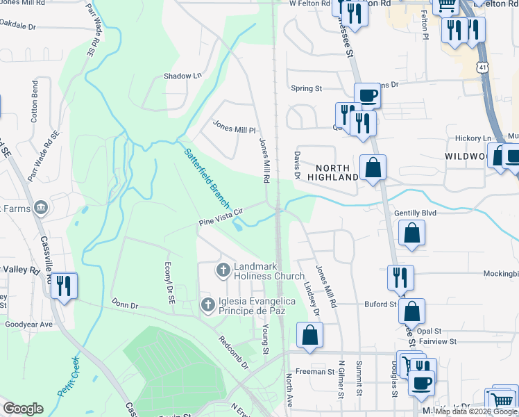 map of restaurants, bars, coffee shops, grocery stores, and more near 117 Pine Vista Circle in Cartersville