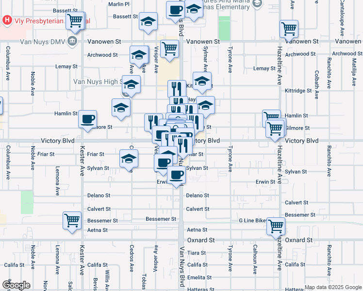 map of restaurants, bars, coffee shops, grocery stores, and more near 1/2 Van Nuys Boulevard in Los Angeles