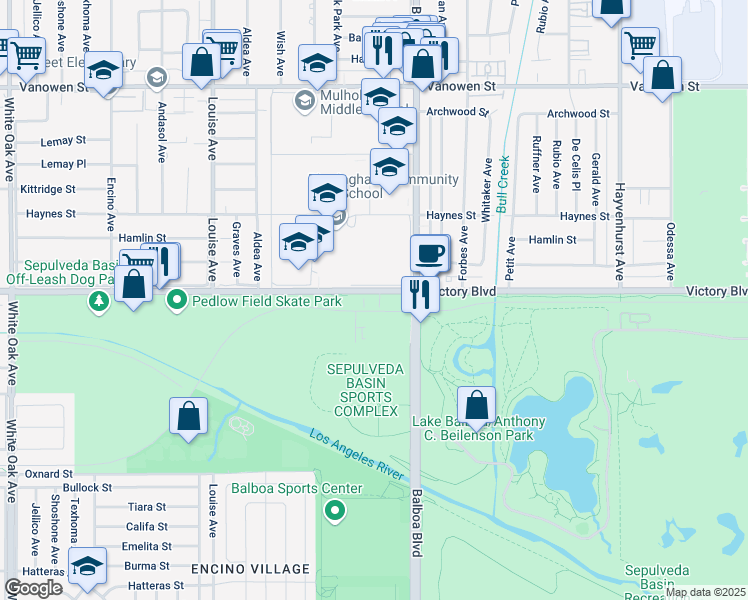 map of restaurants, bars, coffee shops, grocery stores, and more near 6345 Balboa Boulevard in Los Angeles
