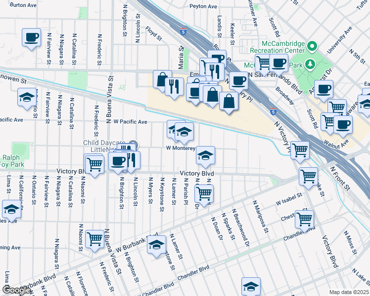 map of restaurants, bars, coffee shops, grocery stores, and more near 1915 West Monterey Avenue in Burbank