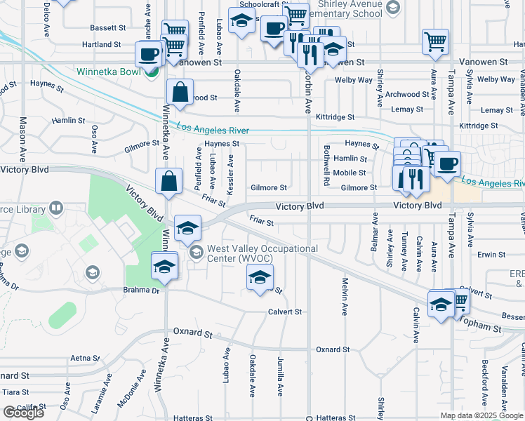map of restaurants, bars, coffee shops, grocery stores, and more near 19814 Victory Boulevard in Los Angeles
