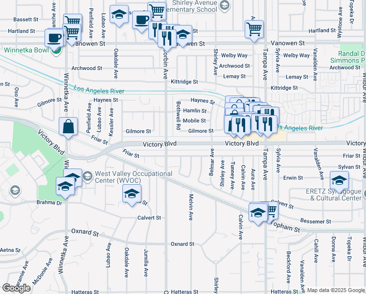 map of restaurants, bars, coffee shops, grocery stores, and more near 19618 Victory Boulevard in Los Angeles