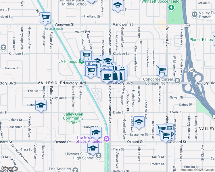 map of restaurants, bars, coffee shops, grocery stores, and more near in Los Angeles