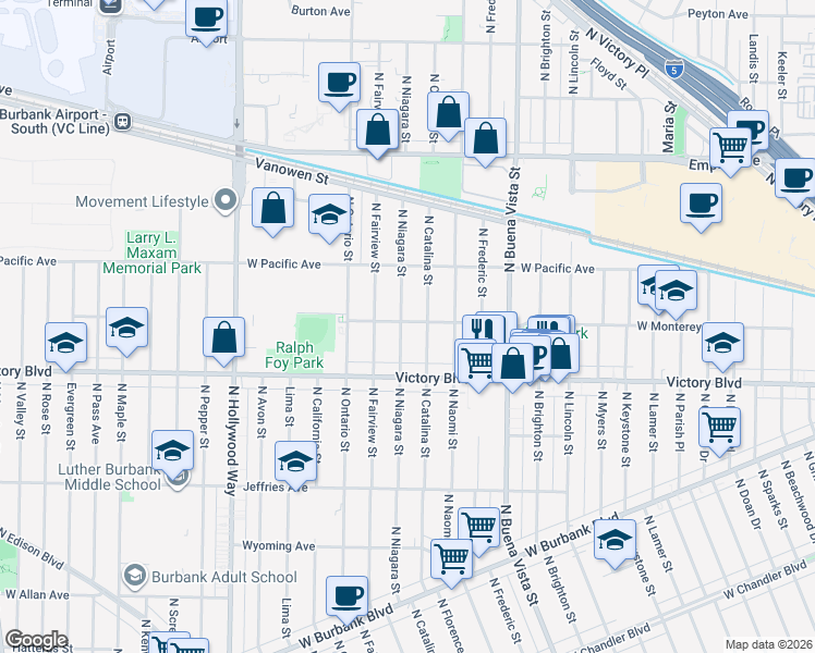 map of restaurants, bars, coffee shops, grocery stores, and more near 1744 North Niagara Street in Burbank