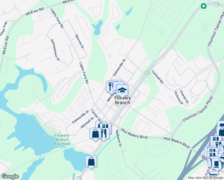 map of restaurants, bars, coffee shops, grocery stores, and more near 5631 West Pine Street in Flowery Branch
