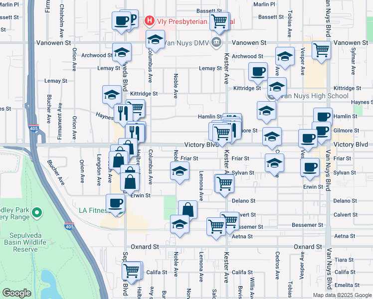 map of restaurants, bars, coffee shops, grocery stores, and more near 15070 Victory Boulevard in Los Angeles