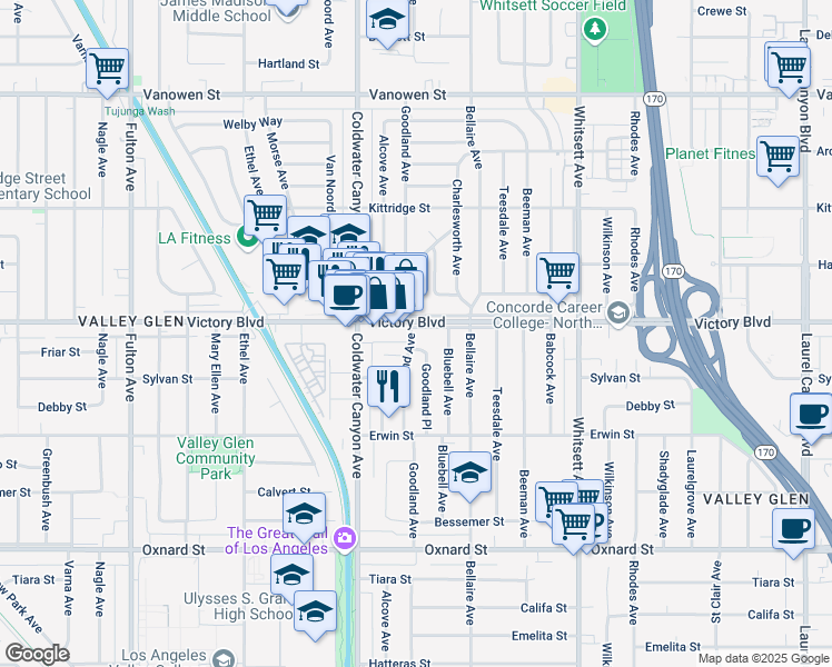 map of restaurants, bars, coffee shops, grocery stores, and more near 12764 Victory Boulevard in Los Angeles
