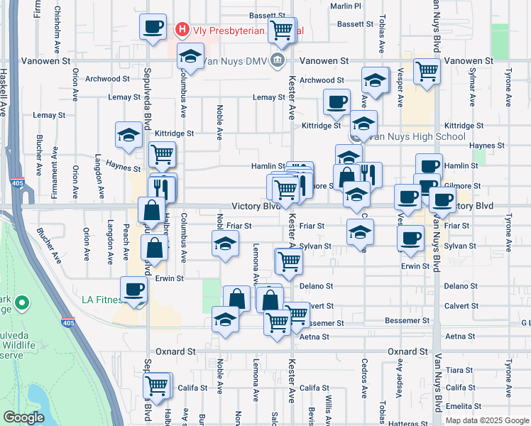map of restaurants, bars, coffee shops, grocery stores, and more near 14960 Victory Boulevard in Los Angeles