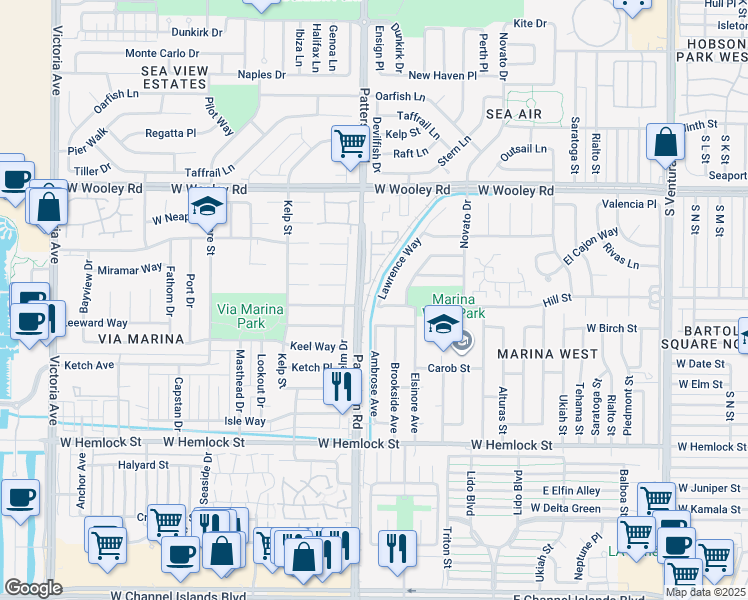 map of restaurants, bars, coffee shops, grocery stores, and more near 1331 Lawrence Way in Oxnard