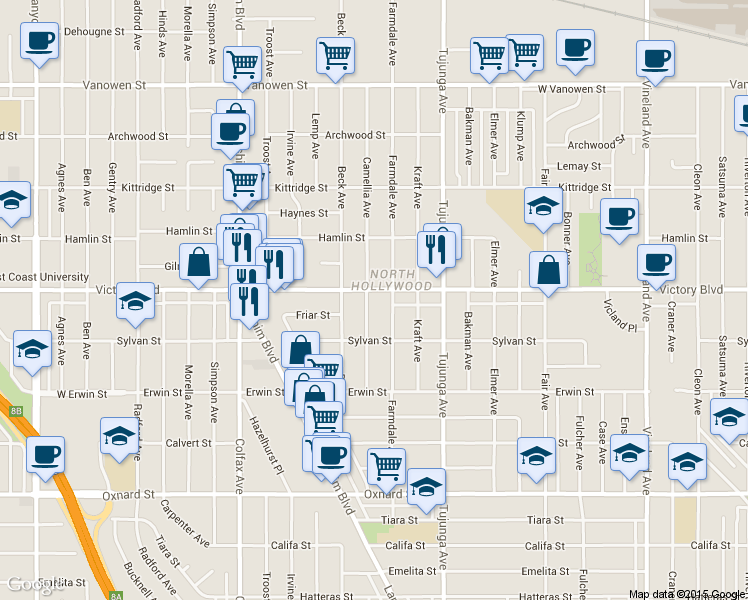 map of restaurants, bars, coffee shops, grocery stores, and more near 6348 Camellia Avenue in Los Angeles