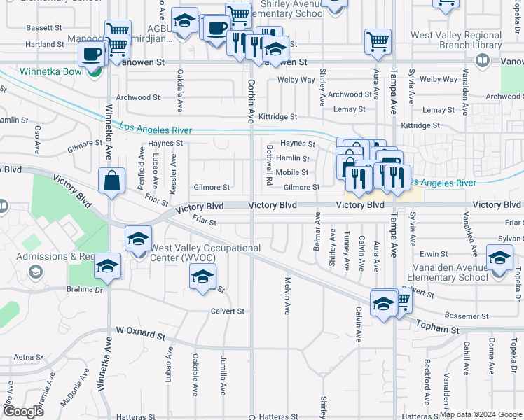 map of restaurants, bars, coffee shops, grocery stores, and more near 19644 Victory Boulevard in Los Angeles