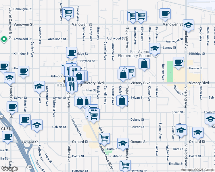 map of restaurants, bars, coffee shops, grocery stores, and more near 6348 Camellia Avenue in Los Angeles