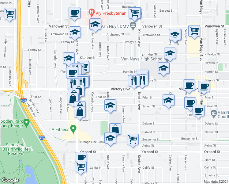 map of restaurants, bars, coffee shops, grocery stores, and more near 15050 Victory Boulevard in Los Angeles