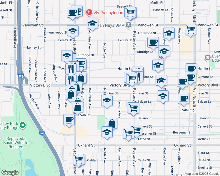 map of restaurants, bars, coffee shops, grocery stores, and more near 15060 Victory Boulevard in Los Angeles