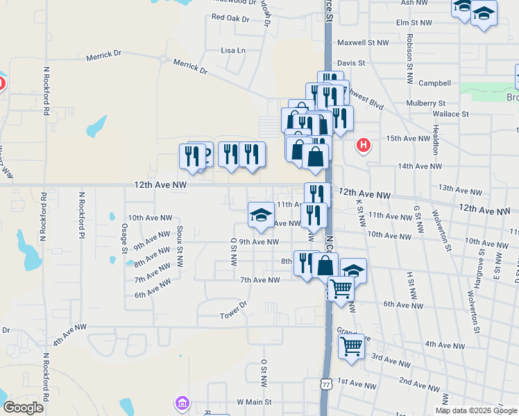map of restaurants, bars, coffee shops, grocery stores, and more near 1408 11th Avenue Northwest in Ardmore
