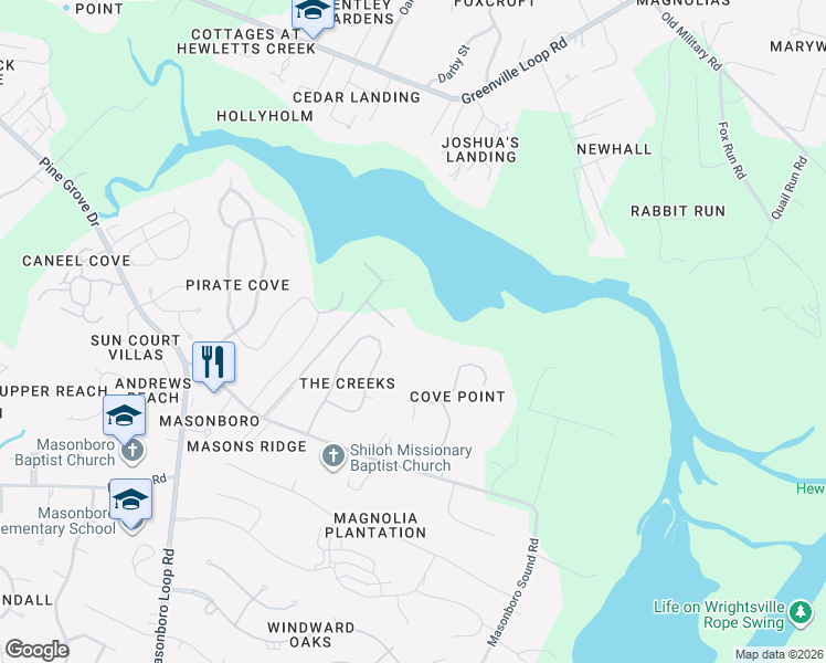 map of restaurants, bars, coffee shops, grocery stores, and more near 6947 Masonboro Sound Road in Wilmington