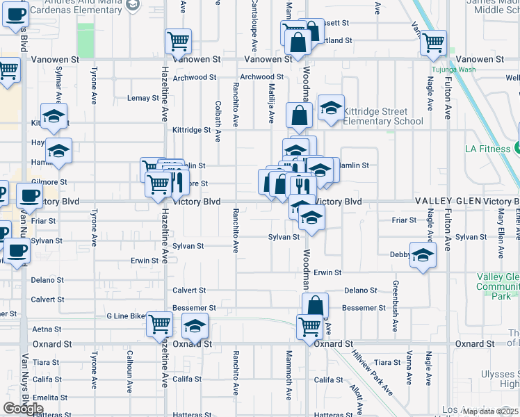 map of restaurants, bars, coffee shops, grocery stores, and more near 13820 Victory Boulevard in Los Angeles