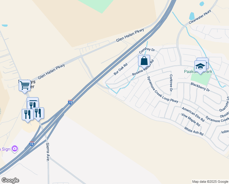 map of restaurants, bars, coffee shops, grocery stores, and more near 17200 Pioneer Way in San Bernardino