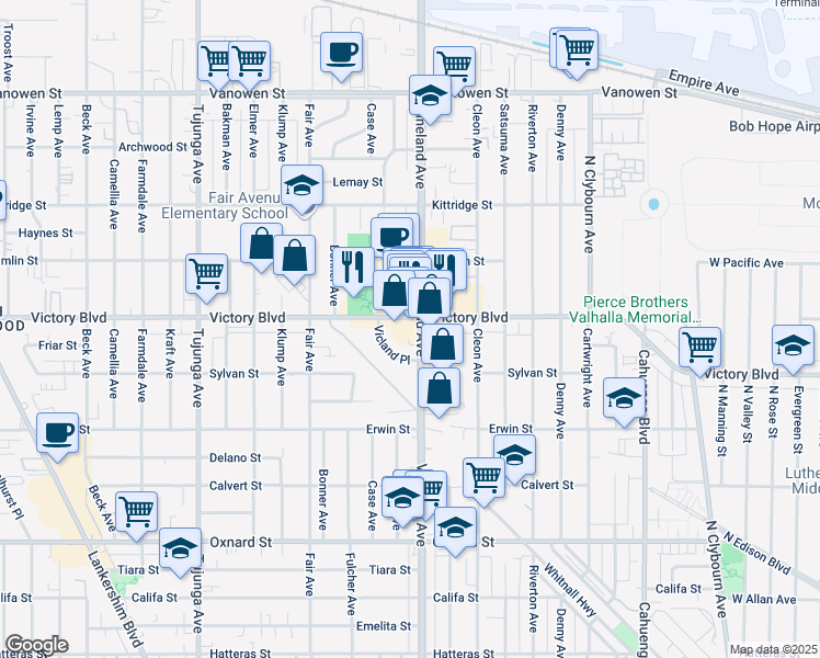 map of restaurants, bars, coffee shops, grocery stores, and more near 11000 Victory Boulevard in Los Angeles
