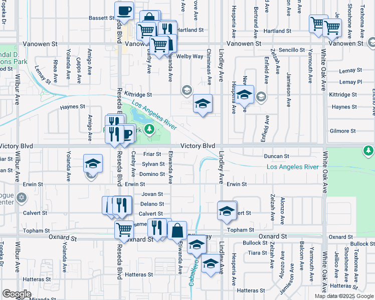 map of restaurants, bars, coffee shops, grocery stores, and more near 18219 Friar Street in Los Angeles