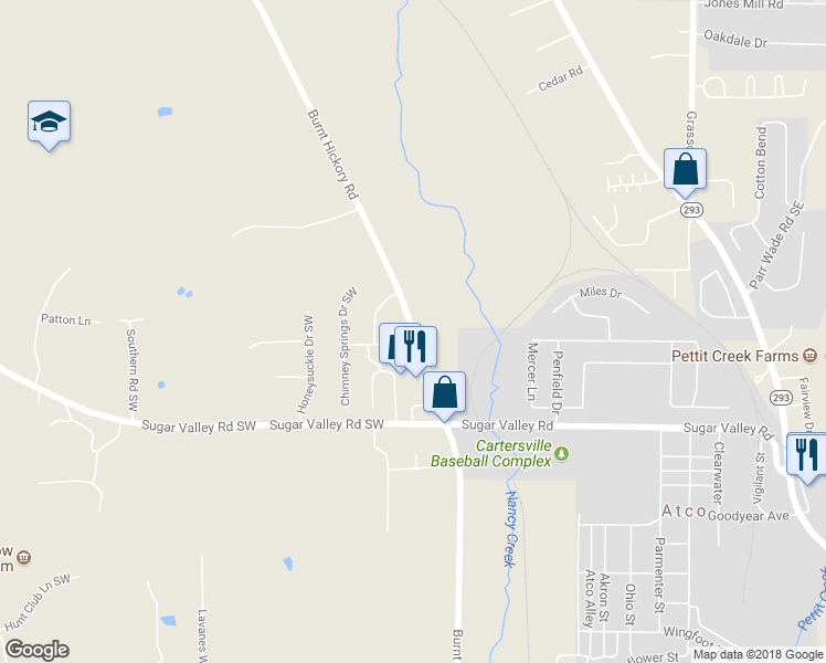 map of restaurants, bars, coffee shops, grocery stores, and more near 674 Burnt Hickory Road in Cartersville