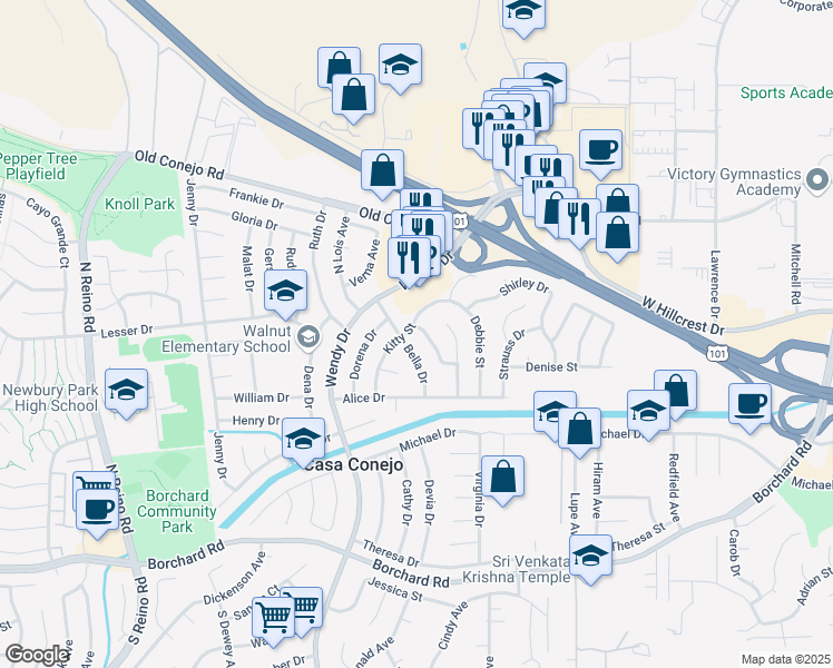 map of restaurants, bars, coffee shops, grocery stores, and more near 687 Martha Drive in Thousand Oaks