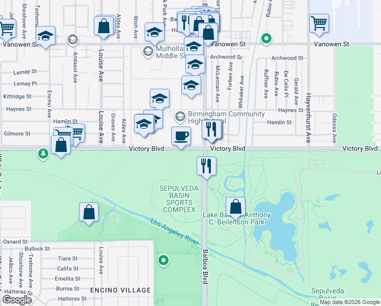 map of restaurants, bars, coffee shops, grocery stores, and more near 6345 Balboa Boulevard in Los Angeles