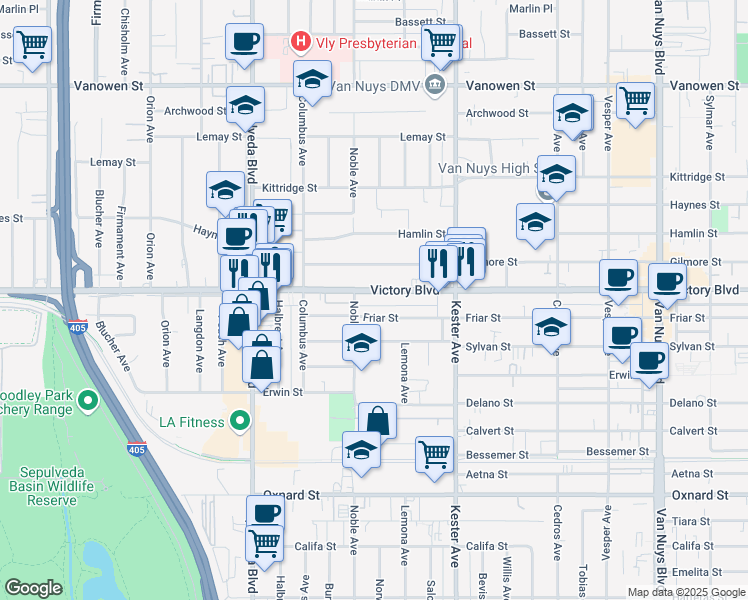 map of restaurants, bars, coffee shops, grocery stores, and more near 15050 Victory Boulevard in Los Angeles