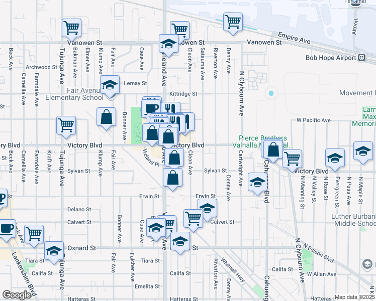 map of restaurants, bars, coffee shops, grocery stores, and more near 10902 Victory Boulevard in Los Angeles