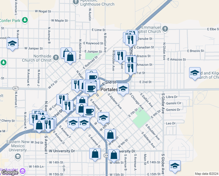 map of restaurants, bars, coffee shops, grocery stores, and more near 513 East 3rd Street in Portales