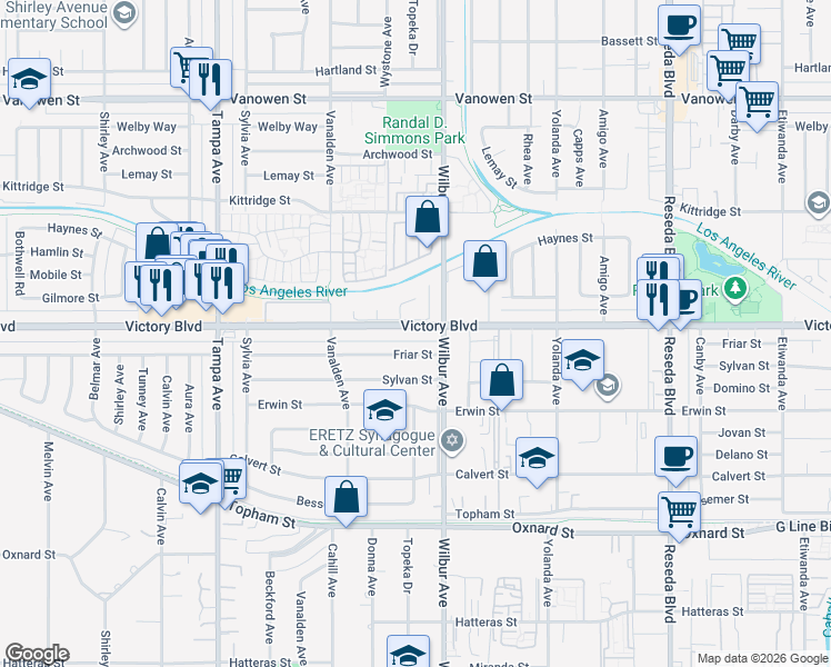 map of restaurants, bars, coffee shops, grocery stores, and more near 18928 Victory Boulevard in Los Angeles